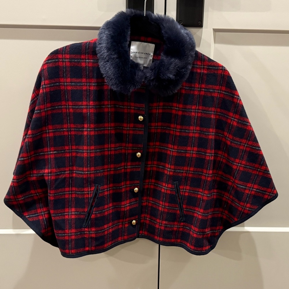 Girls’ Janie & Jack Red & Navy Plaid Cape with Faux Fur Collar & Gold Buttons